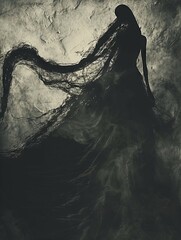A haunting silhouette of a mythical banshee, shrieking in the darkness against a somber charcoal grey background. This ethereal and threatening creature from Celtic folklore serves as a chilling - obrazy, fototapety, plakaty