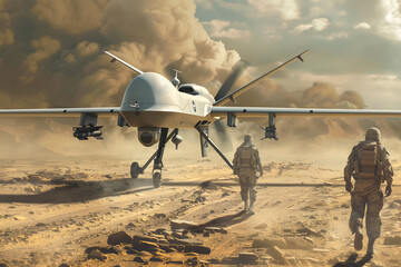 Drone on ground support mission with troops in desert storm.