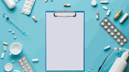 Blank clipboard and notebook with medical supplies 