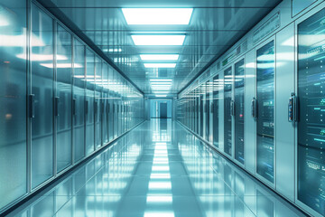 Fototapeta premium Network servers standing in a row inside a data center.Computer server room.
