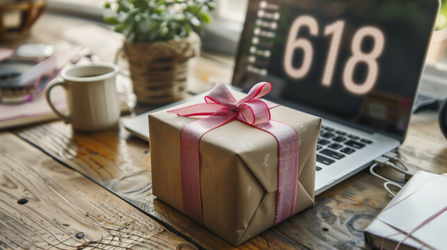 Cozy workspace setup with gift box and 618 displayed on laptop screen, celebrating China's shopping festival.