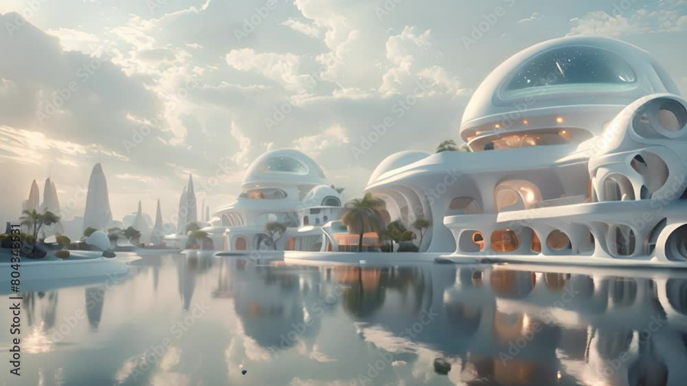 Poster artistic depiction of a cityscape with advanced architectural structures overlooking a body of water