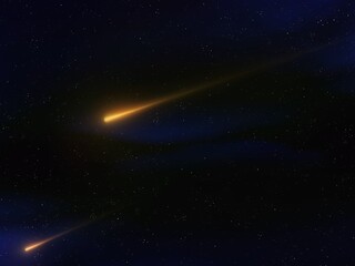 Meteorites fly in the night sky. Bright meteors glow in the starry sky. Beautiful starfall. 