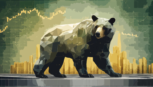 Ein gr&uuml;ner B&auml;r steht auf einem Graphen aus Gold. Fiskalpolitik hin zur gr&uuml;nen &Ouml;konomie. Vektor - Illustration.