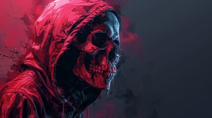 Digital artwork of a menacing Grim Reaper figure cloaked in a vibrant red hood, set against a splattered, dark background.