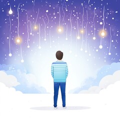 Boy looking up at floating lights in the night sky.
