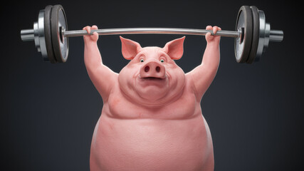 A pink pig lifting a barbell, an image for motivation and humor, animal training