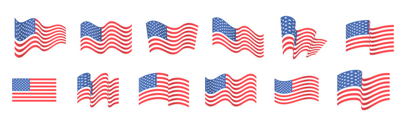USA flag set, united states symbol, wavy shape flag icon with grainy noise effect