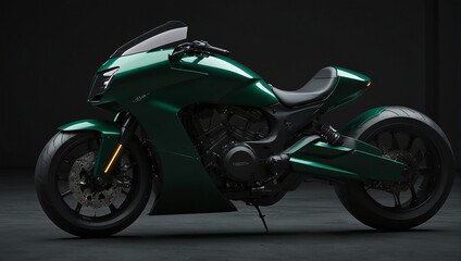 A green and black motorcycle is sitting in a dark room.

