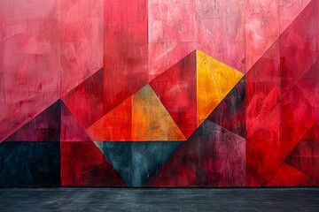 Vibrant red backdrop accentuating bold geometric elements, adding a sense of drama and intensity to the composition.