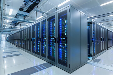 Network servers standing in a row inside a data center.Computer server room.