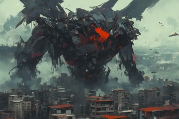 A dark fantasy evil black mecha with glowing red eyes towering over the city