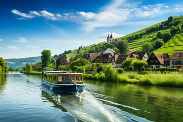 A serene river cruise passing through lush green countryside with quaint villages along the banks,...