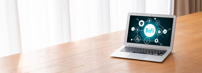 Decentralized finance or DeFi concept on modish computer screen . The defi system give new choice...