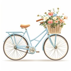 A blue bicycle with a basket full of flowers