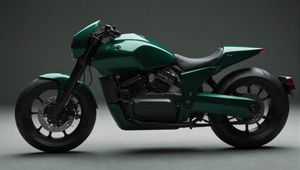 A green and black motorcycle is sitting in a dark room.

