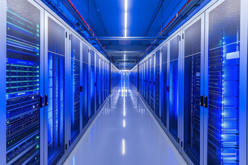 Fototapeta premium Network servers standing in a row inside a data center.Computer server room.