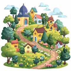 A cartoon drawing of a village with houses and trees