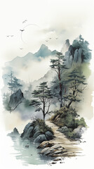 Majestic mountains and towering pines emerge from the mist in this serene landscape, where a gentle river meanders through, under a sky graced with soaring birds and a subtle sun.