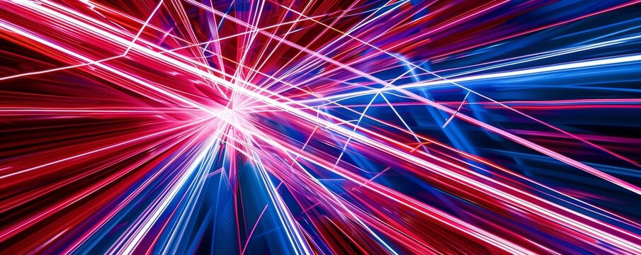 Vibrant abstract intersection of red and blue light rays, suggesting energy and dynamism