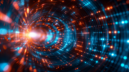 Futuristic Glowing Blue Tunnel of Light, Abstract image of a blue tunnel illuminated by glowing lights, suggesting advanced technology or data streaming.
