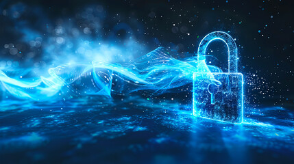 A glowing digital padlock and key symbolizing cybersecurity, in a photorealistic style against a dark, sparkling background. Generative AI