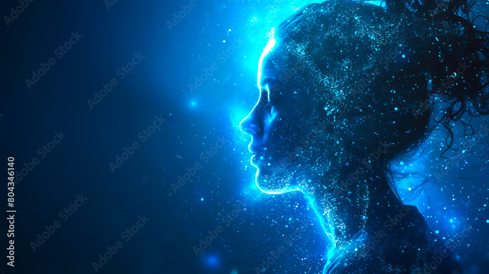 Poster a digital profile of a woman composed of glowing particles on a deep blue background, illustrating t