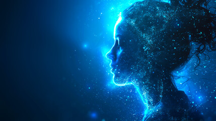 A digital profile of a woman composed of glowing particles on a deep blue background, illustrating the concept of digital identity. Generative AI
