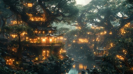 epic concept art of a tree village in the middle of a jungle with waterfalls and a river, at night, with lights coming from the houses, and a full moon