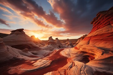 The image shows a beautiful sunset in the desert. The red and orange rocks are glowing in the sunlight. The sky is a deep blue with streaks of light. The clouds are a light pink and orange.