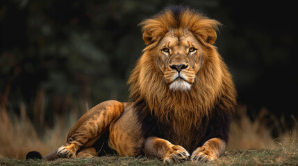 A majestic lion standing in full view against a dark, natural background, showcasing its powerful presence and beauty.