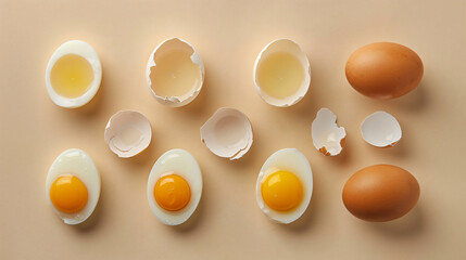 Different stages of boiling eggs on beige background 