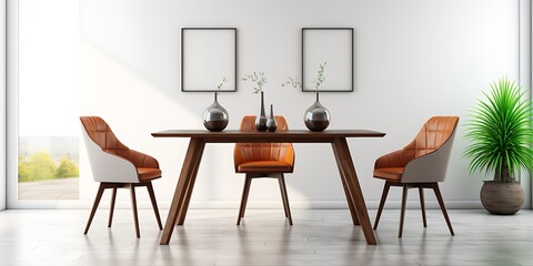 3d render of a modern dining room with white chairs and table