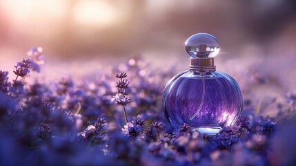 Stylish bottle with perfume on a background of lavender flowers