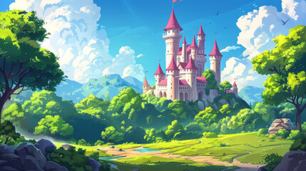 A whimsical fairy tale castle nestled in a colorful forest, depicted in a vibrant cartoon anime style.