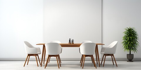 3d render of a modern dining room with white chairs and table