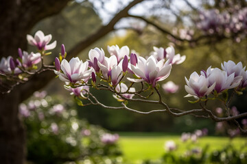 Magnolia tree in full bloom, with purple blossoms