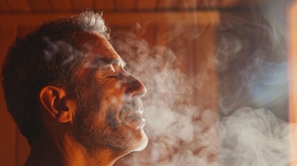 A man using a sauna to help with his respiratory issues the heat and steam opening up his airways and easing his breathing..