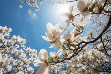 White magnolia blossoms in full bloom, branches with many flowers against the blue sky