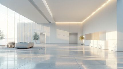 A visually appealing empty showroom mockup showcasing sleek, modern furnishings bathed in soft, ambient lighting.