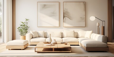 Interior of modern living room with brown sofa, coffee table and plant, 3d render