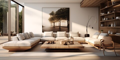 Interior of modern living room with brown sofa, coffee table and plant, 3d render