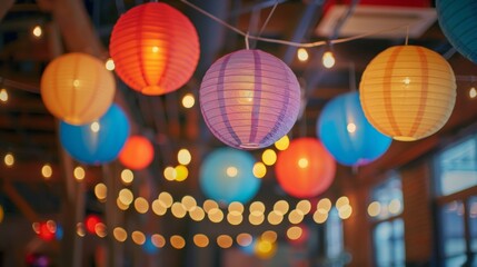 Colorful paper lanterns and string lights hang from the ceiling adding a whimsical touch to the space. - obrazy, fototapety, plakaty