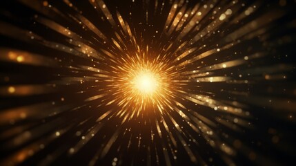 Abstract golden background with starburst. Gold texture with particles coming from center for greeting card or holiday brochure. High quality photo