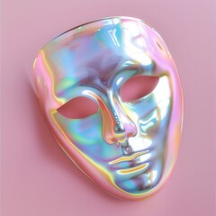 Futuristic holographic mask abstract graphic design concept. Chrome women mask for the masquerade in style holographic liquid. Glossy pastel iridescent on pink background.