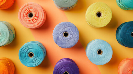 Different thread spools on color background