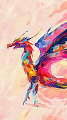 Artistic depiction of a Wyvern, stylized and abstract, vibrant colors against a plain, soft pink background