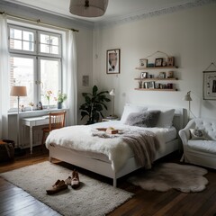 Wide angle shot of a white bedroom cute style decoration With a soft, fluffy white bed and a small white sofa. Reading table and lamp by the window Inside the room has a warm atmosphere