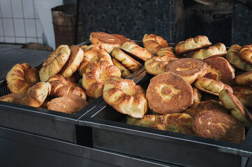 traditional Asian flatbread on the counter in the bakery. Traditional Uzbek bread in Tashkent in Uzbekistan