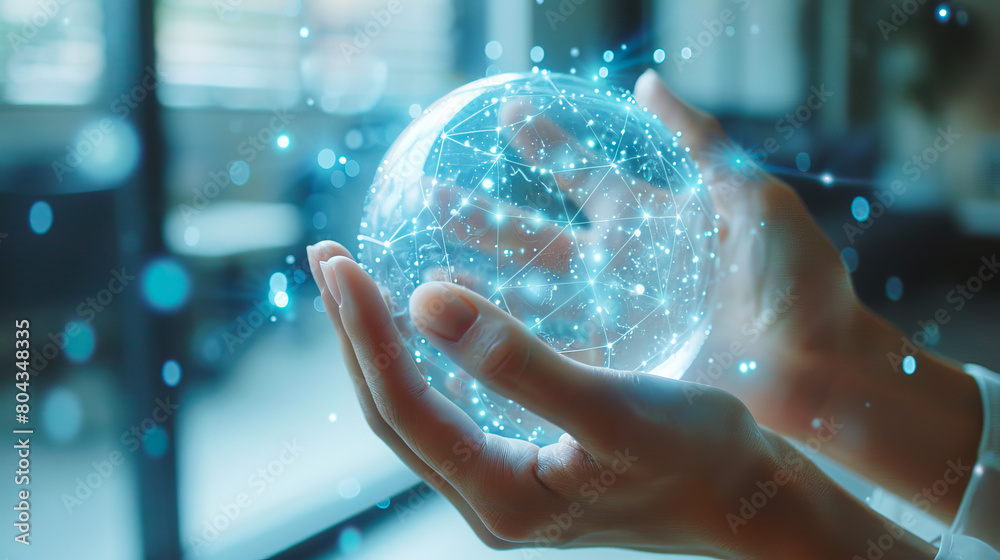 Poster hands holding a glowing digital globe, against a blurry technological background, representing a con